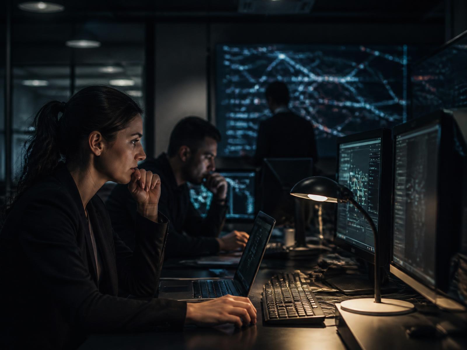 Analysts reading live market signals on a large screen